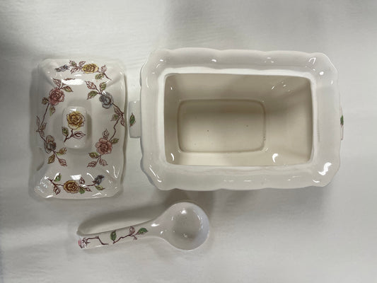 Transferware Tureen Covered Rose, Yellow/Pink Pattern TILSO Japan 53/211 Spoon