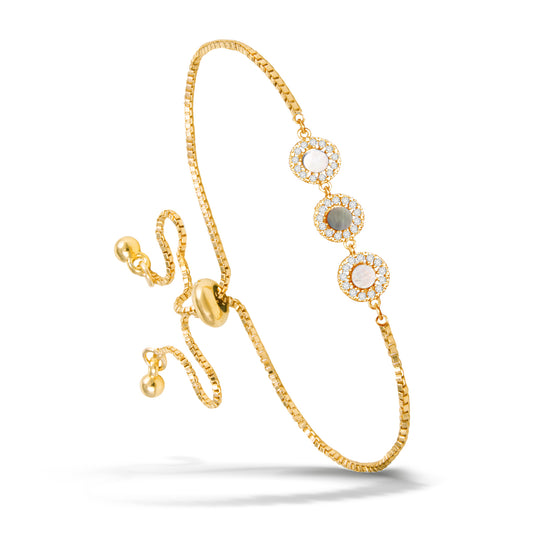 Gold Mother of Pearl and CZ Triple Circle Pull Cord Bracelet