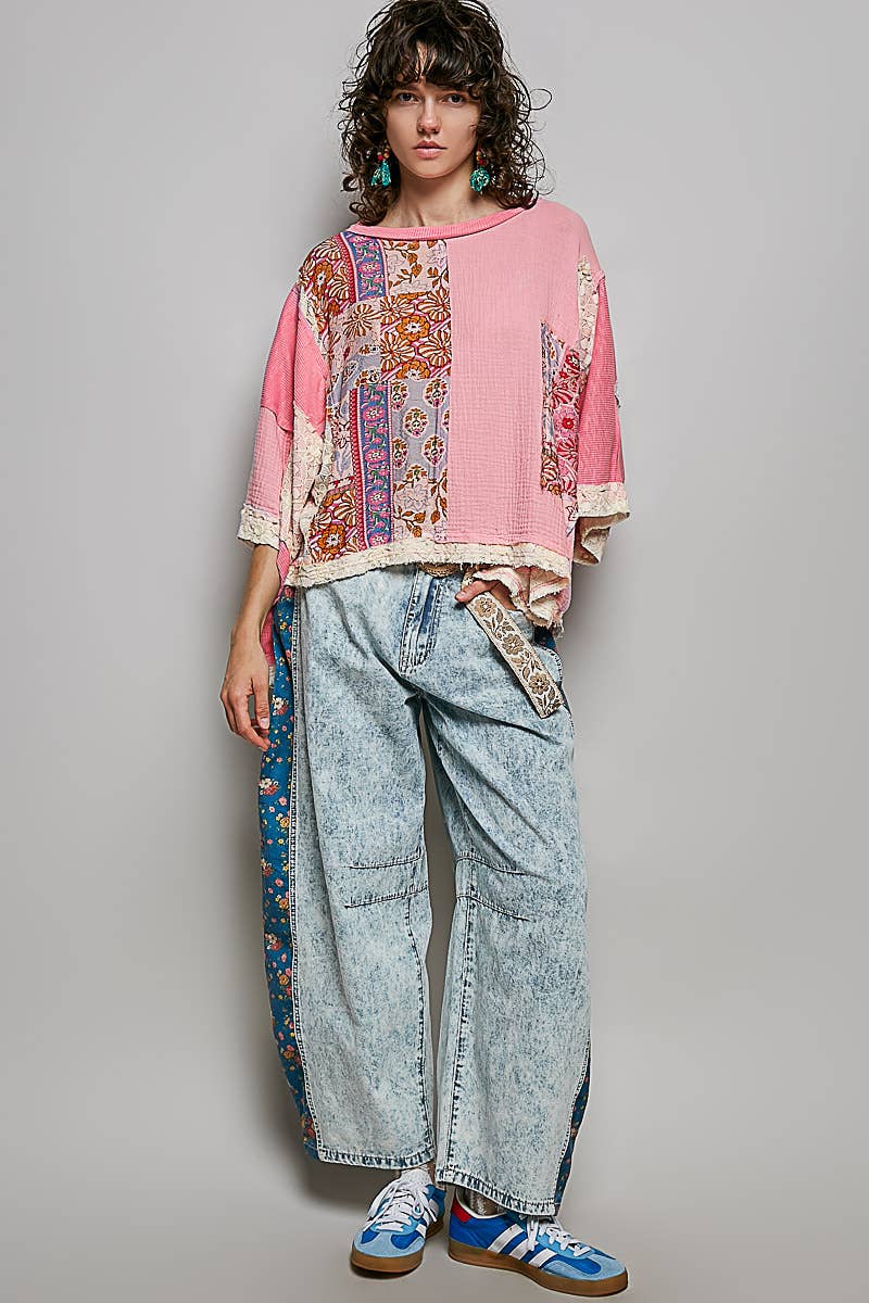 Round Neck Double Gauze Floral Woven Top