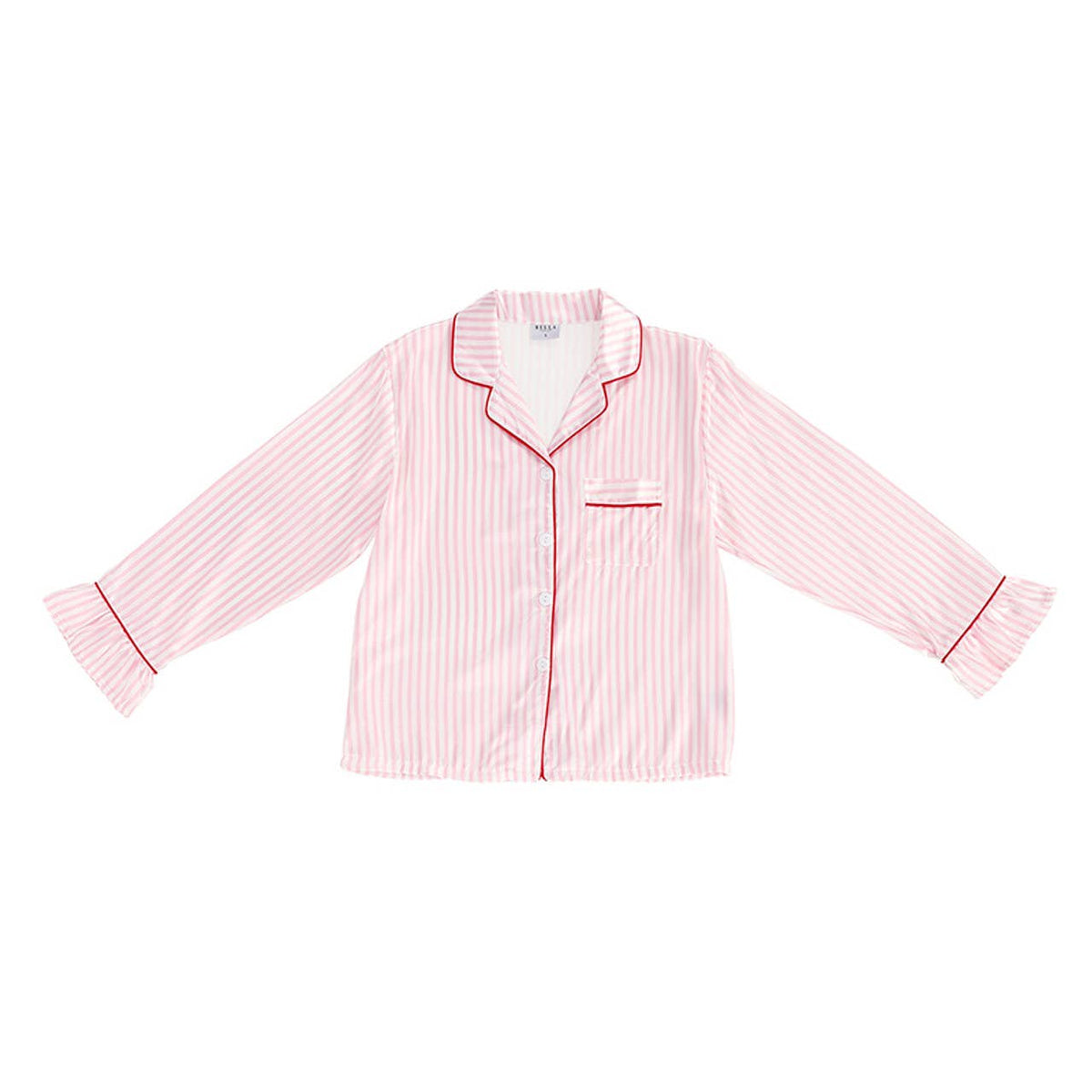 Ruffle PJ Set With Velvet Tie - Pink Stripe