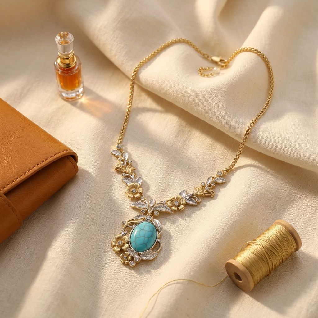 Vintage 18K Gold Plated Turquoise Floral Pendant Necklace