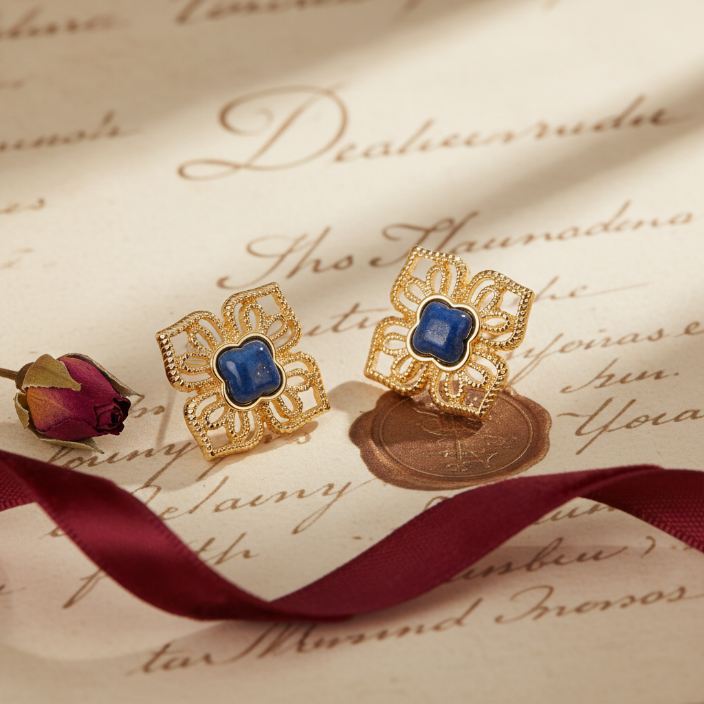 Vintage 18K Gold Plated Natural Lapis Lazuli Clover Earrings