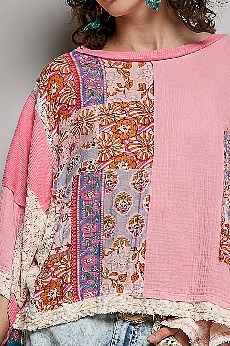 Round Neck Double Gauze Floral Woven Top