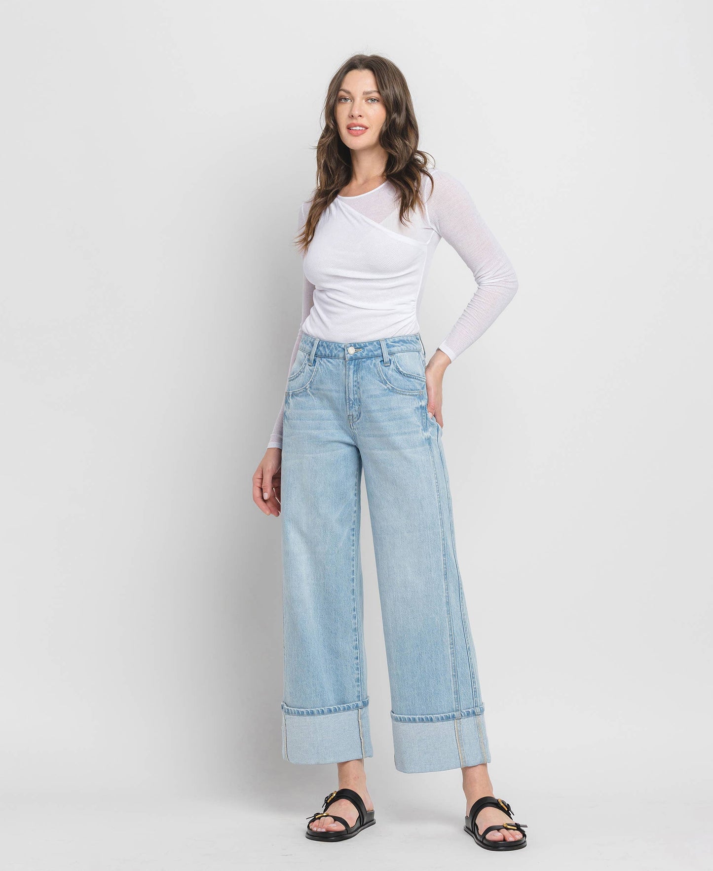 Raising the Bar High Rise Cuffed Relaxed Fit Wide Leg Jeans