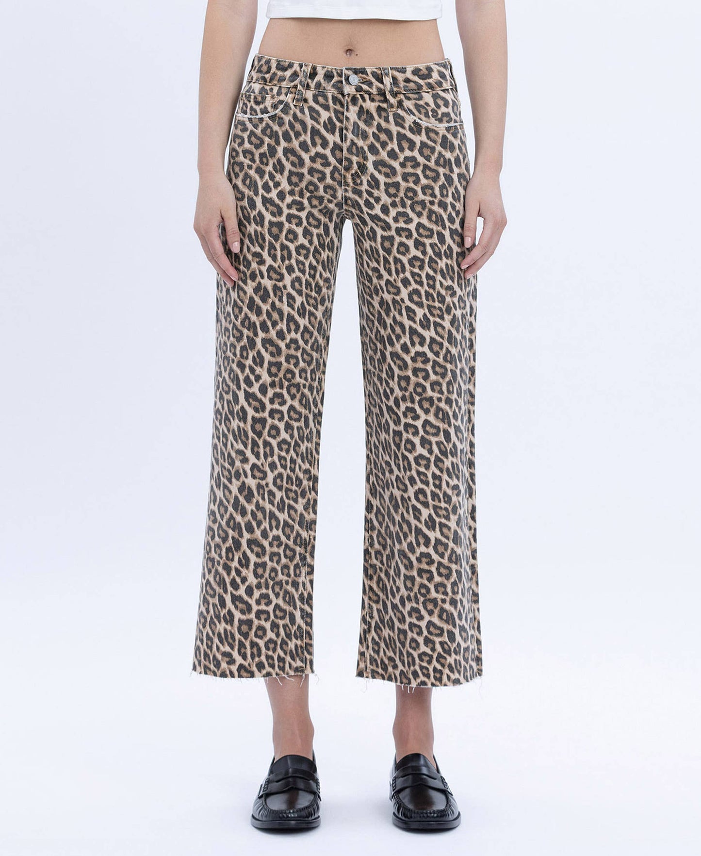 Faded Cheetah Girl Wide Leg High Rise Raw Hem Jean