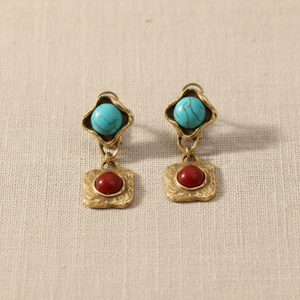 Vintage Gold-Plated Turquoise & Red Agate Dangle Earrings