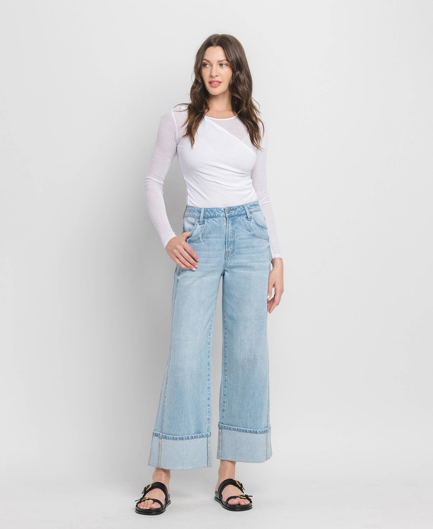 Raising the Bar High Rise Cuffed Relaxed Fit Wide Leg Jeans