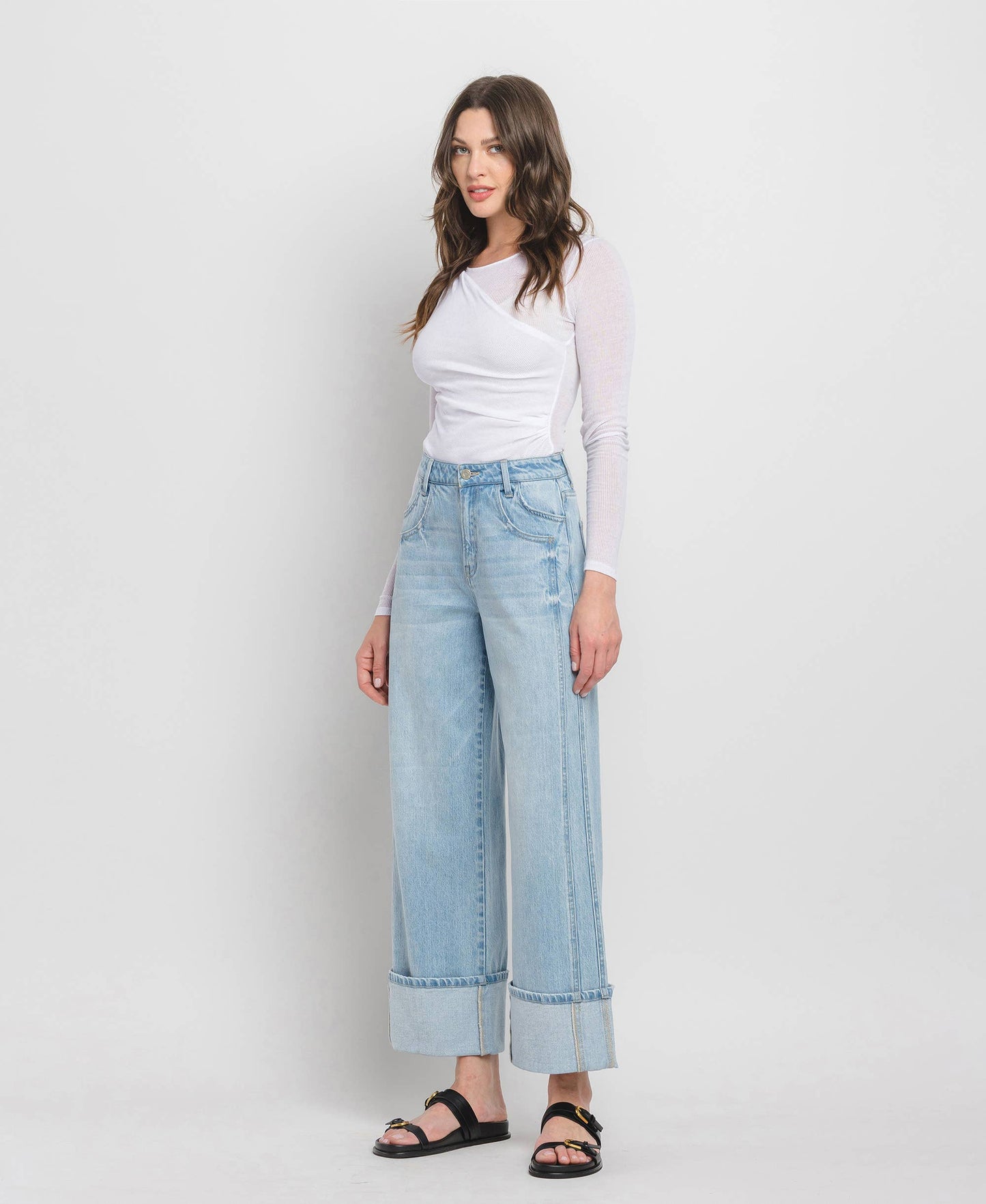Raising the Bar High Rise Cuffed Relaxed Fit Wide Leg Jeans