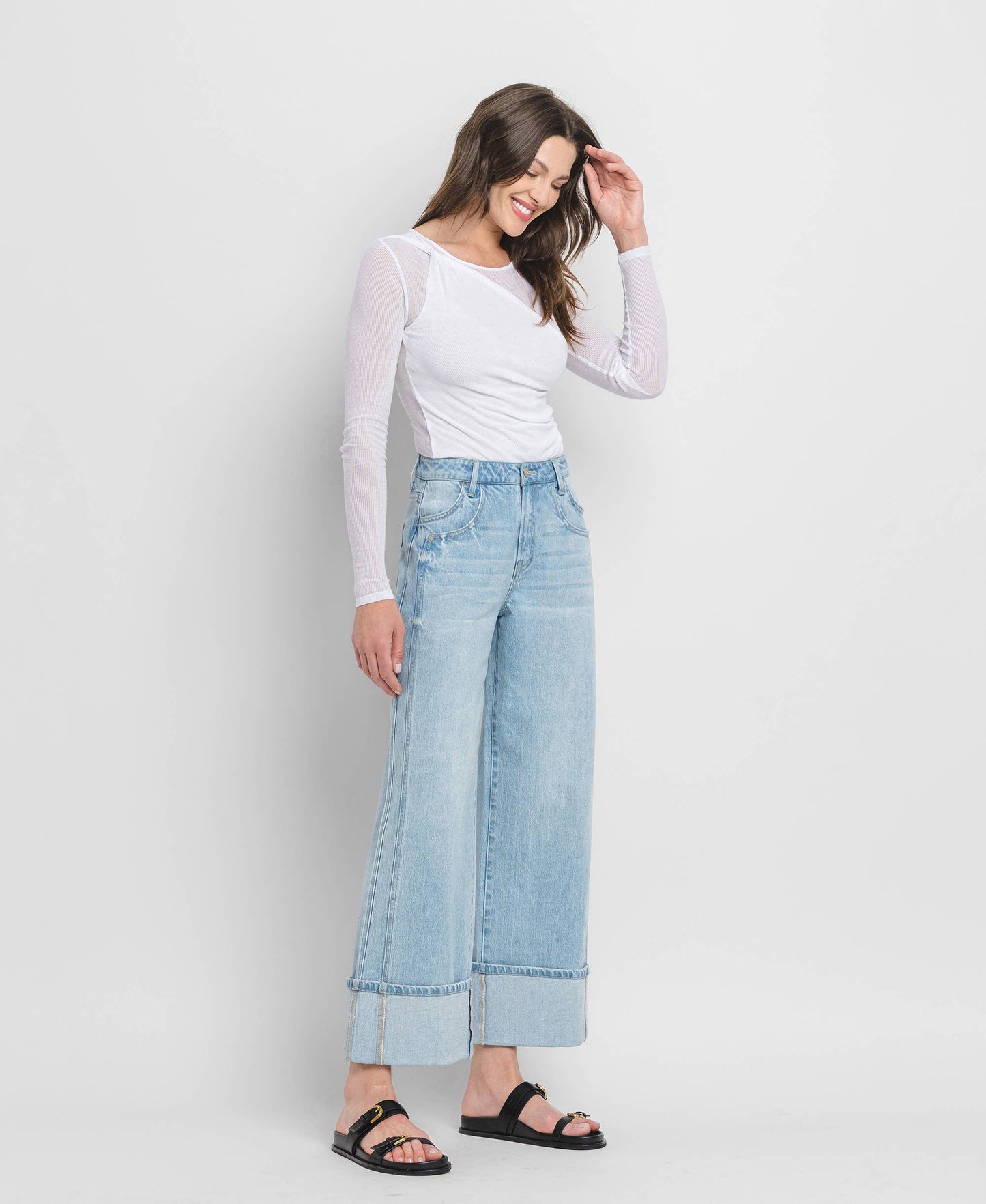 Raising the Bar High Rise Cuffed Relaxed Fit Wide Leg Jeans