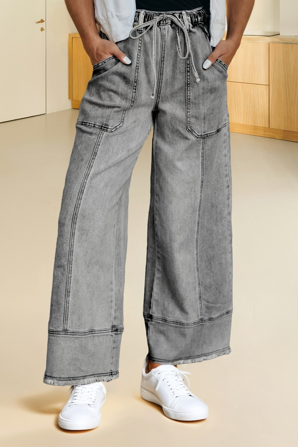 Dancing on the Waves Drawstring Denim Pants (Multiple Washes)