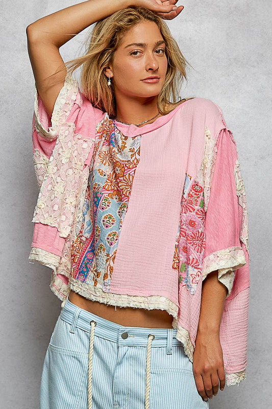 Round Neck Double Gauze Floral Woven Top