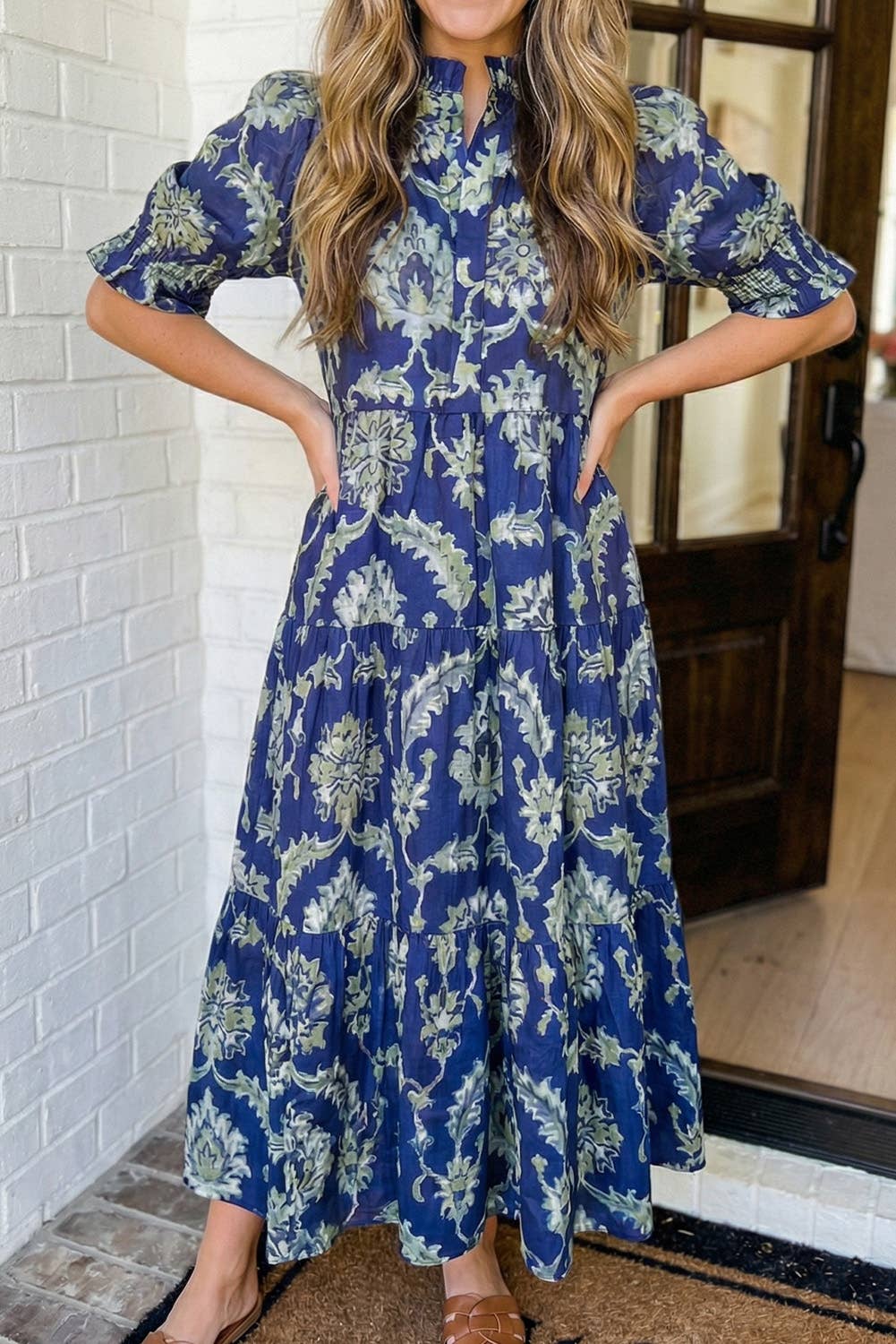 LAS Wild Floral Print Frilled Collar Long Dress (S-XL)