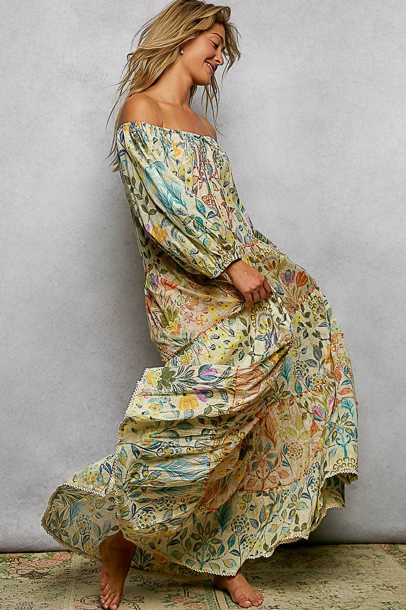 Long Sleeve Shirred Neckline Maxi Length Woven Printed Dress