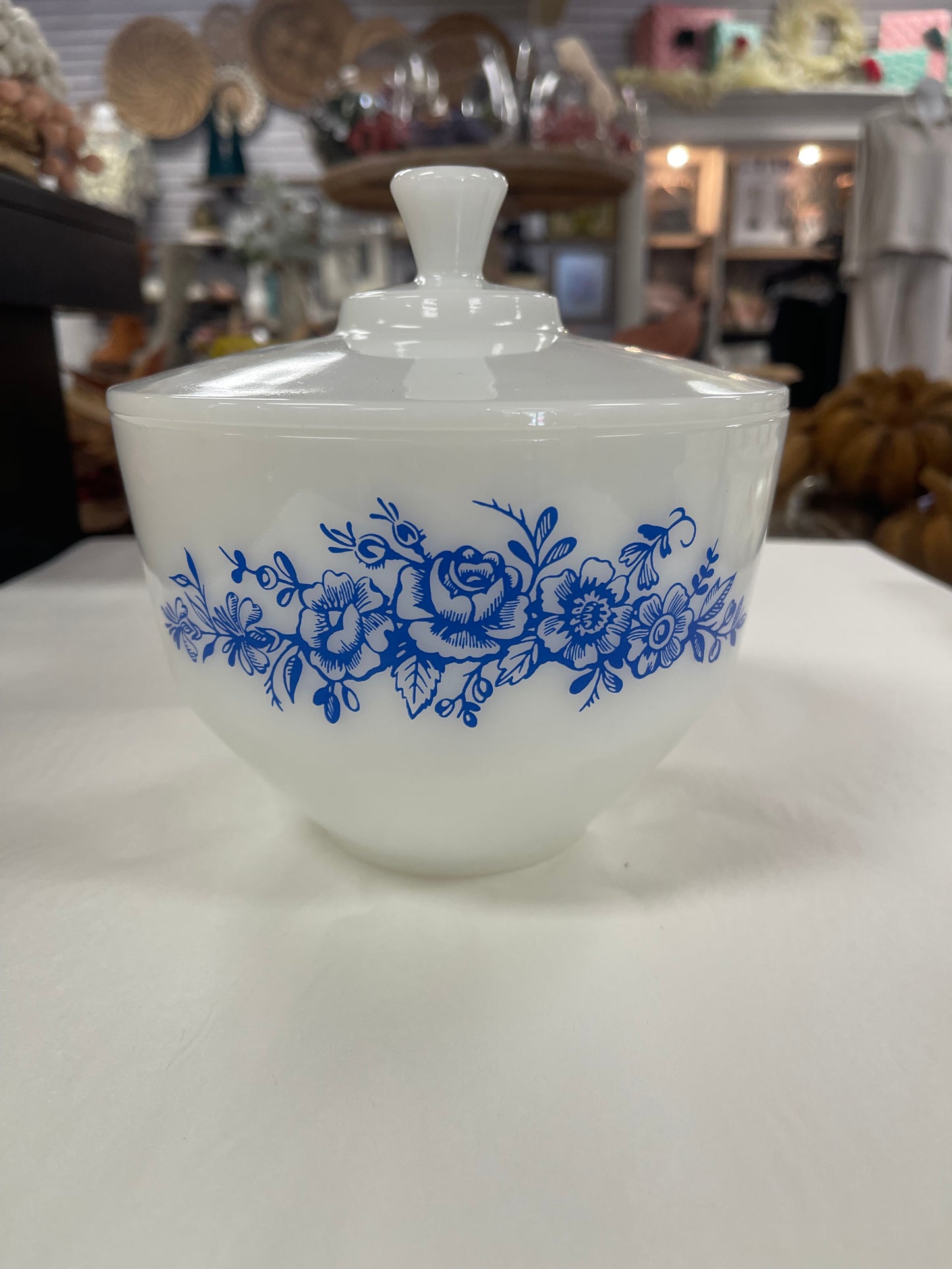 Federal Glass Blue Floral Milk Glass Covered 6.5" Bowl