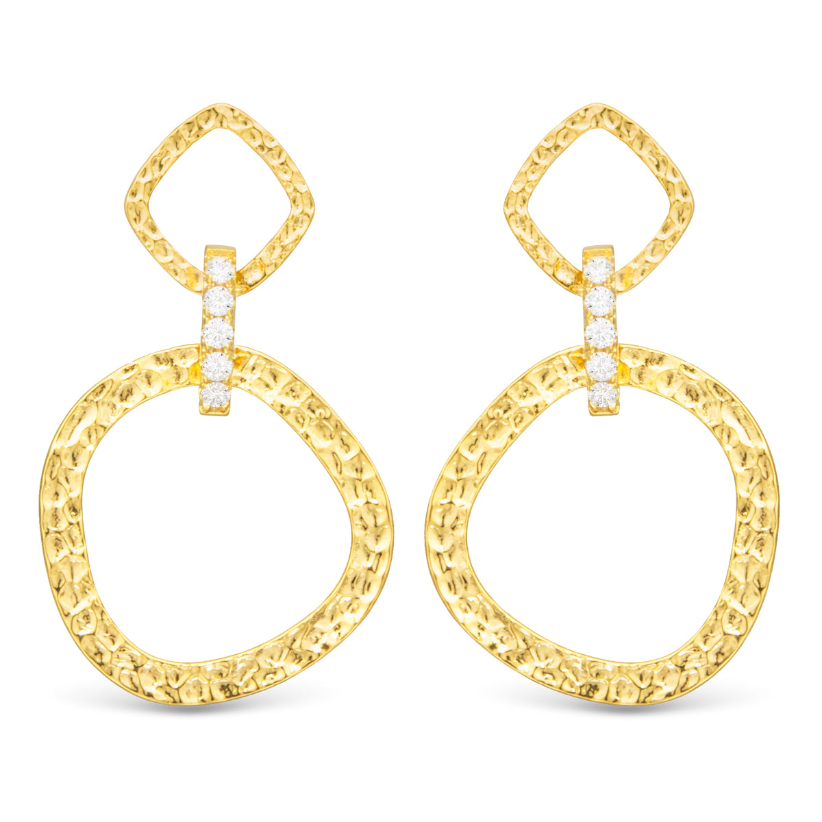 Gold Sydney Polised Hammered Drop with CZ Earrings