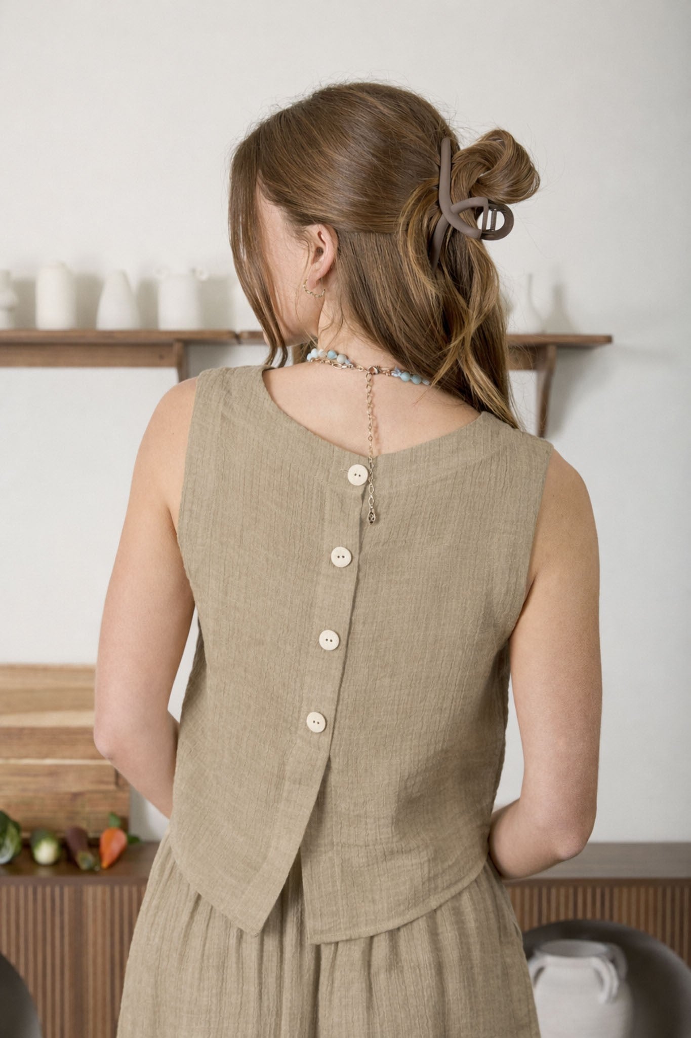 Textured Sleeveless Back Button Detail Top