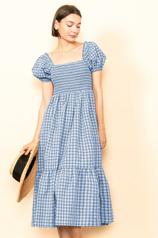 Gingham Puff Sleeves Smocked Chest Midi Dress