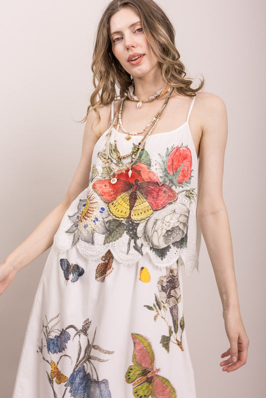 BUTTERFLY FLOWER PRINT EYELET TANK DRESS