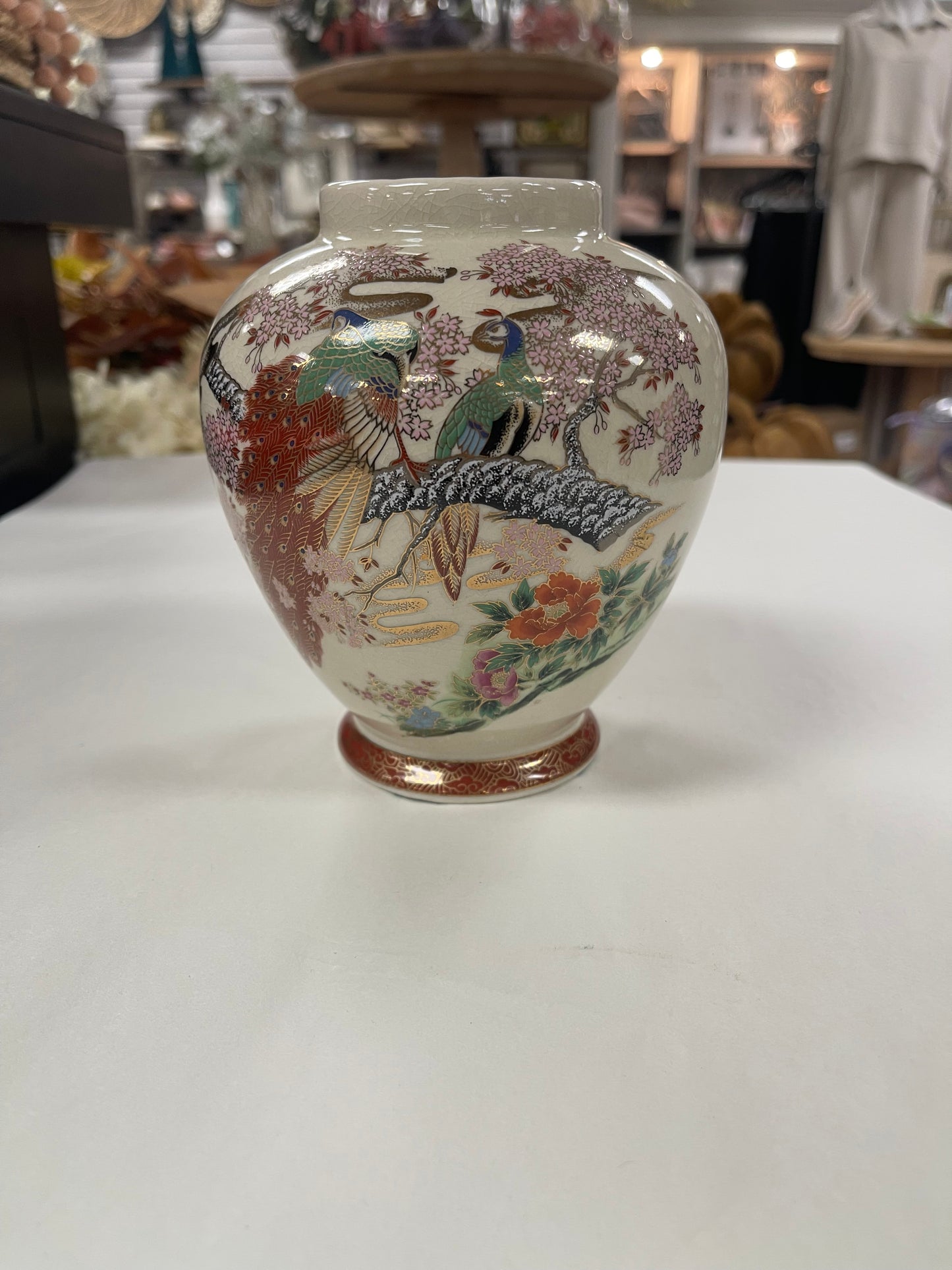 Vintage Japanese Peacock Cherry Blossoms Ginger Jar