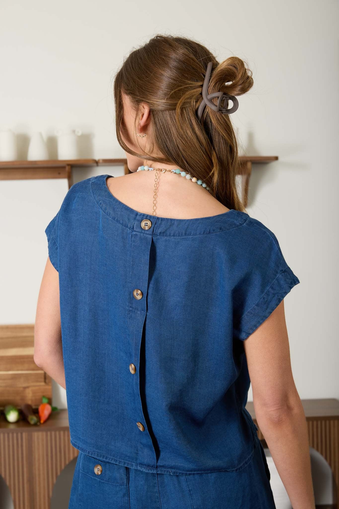 Dark Chambray Short Sleeve Back Button Top