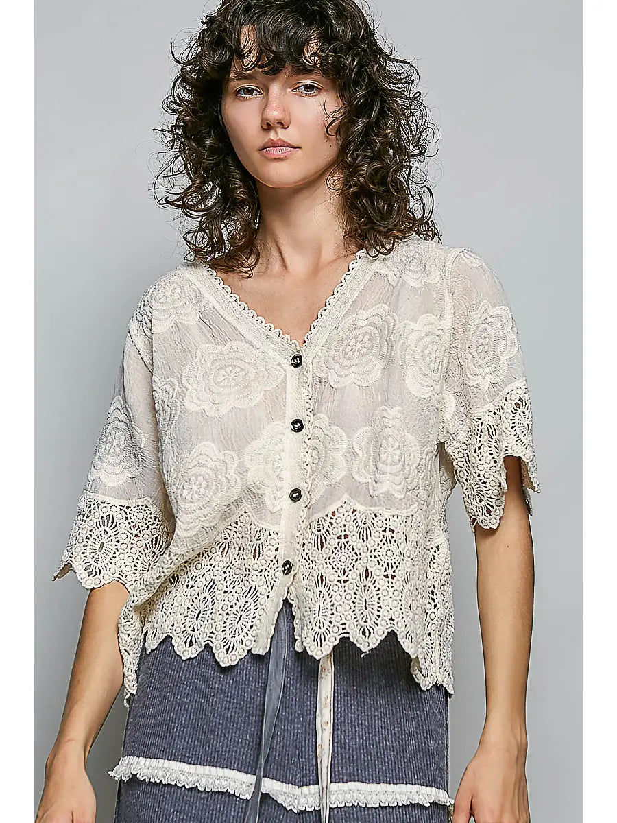 Crochet Trim Neckline Short Sleeve Jacket Top