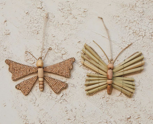 Handmade Mango Wood Bead & Bamboo Butterfly Ornament, 2 Styles