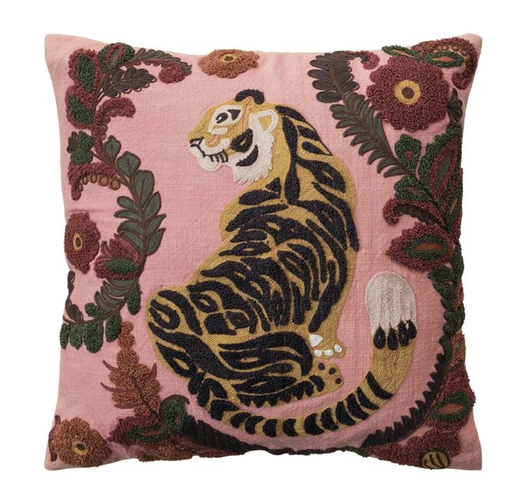 20" Square Cotton Slub Pillow w/ Embroidered Tiger & Flowers