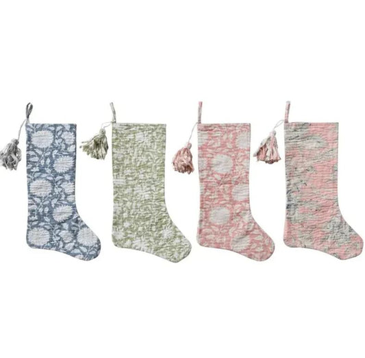 Toile Stocking with Flowers, Hand-Embroidered Kantha Stitch (4 Styles Available)