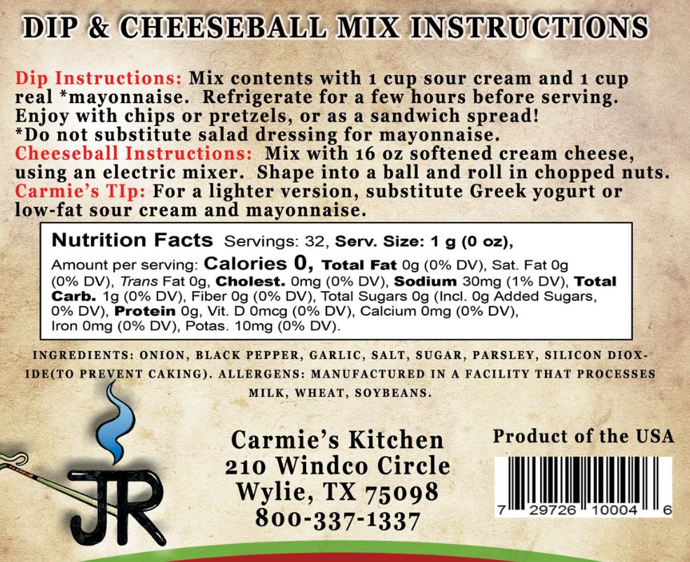 Carmie's Kitchen JR's Ranch Dip Mix