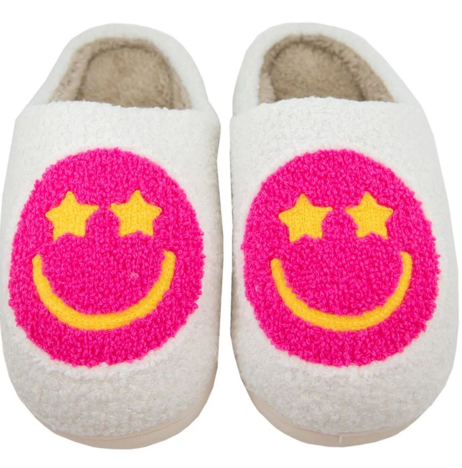 Katydid Hot Pink Star Eyed Happy Face Fuzzy Slippers