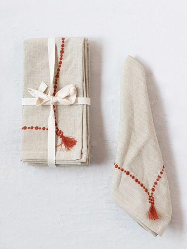 Cotton Chambray Napkins with Embroidery and Tassel, Set of 4