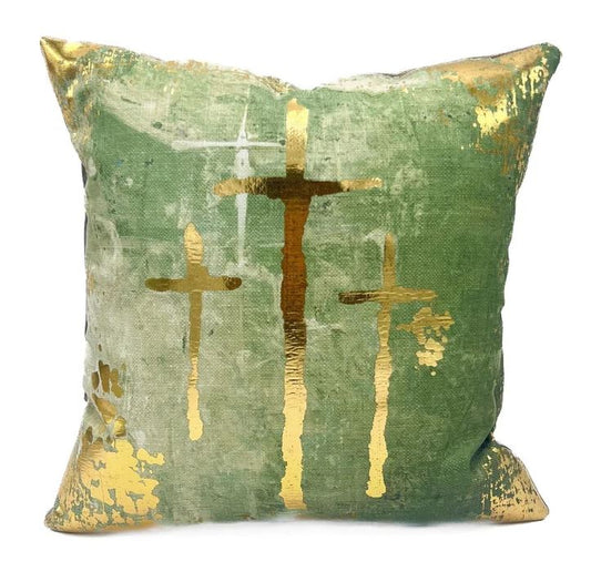 3 Gold Crosses Sage Pillow