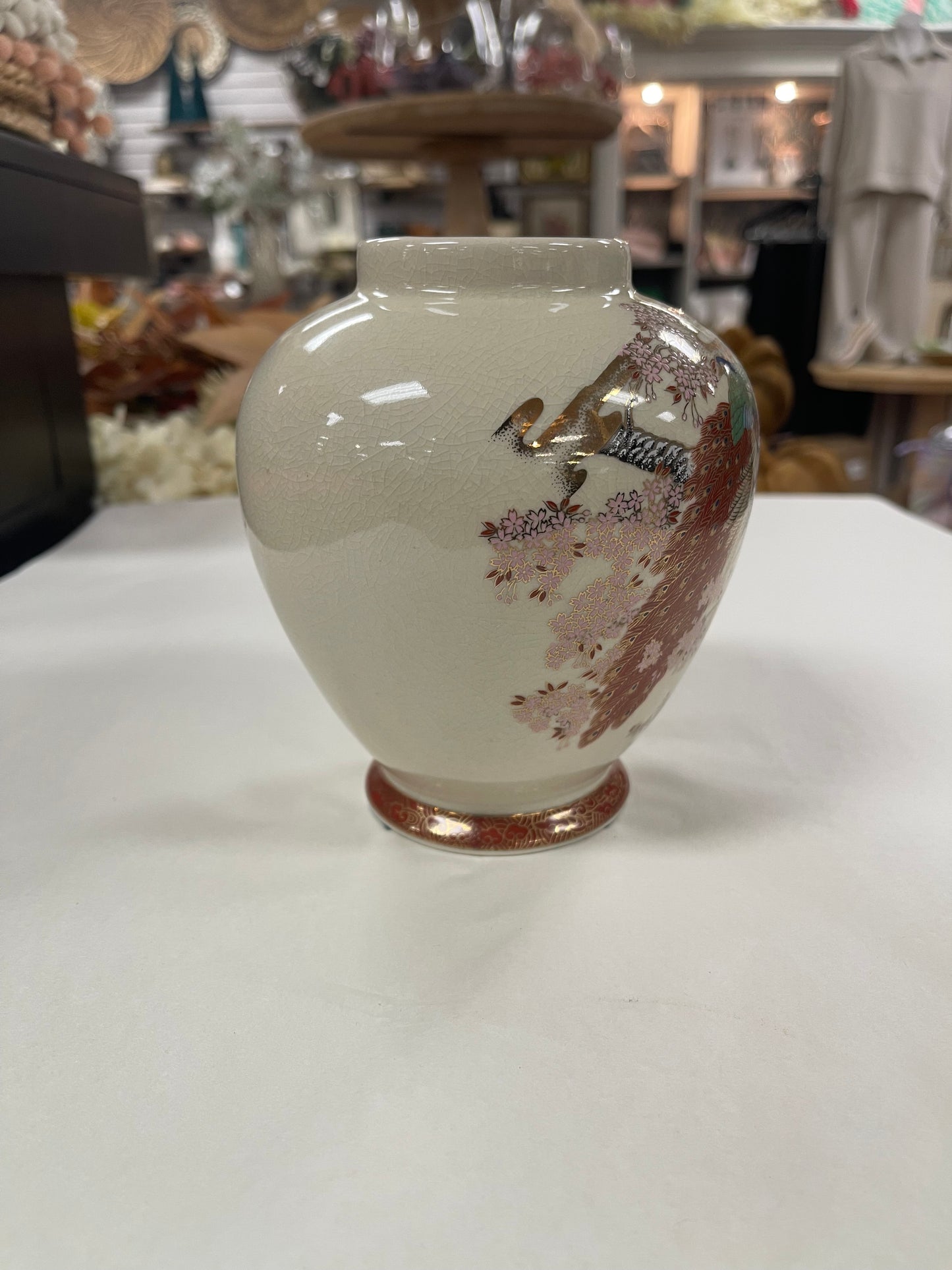 Vintage Japanese Peacock Cherry Blossoms Ginger Jar