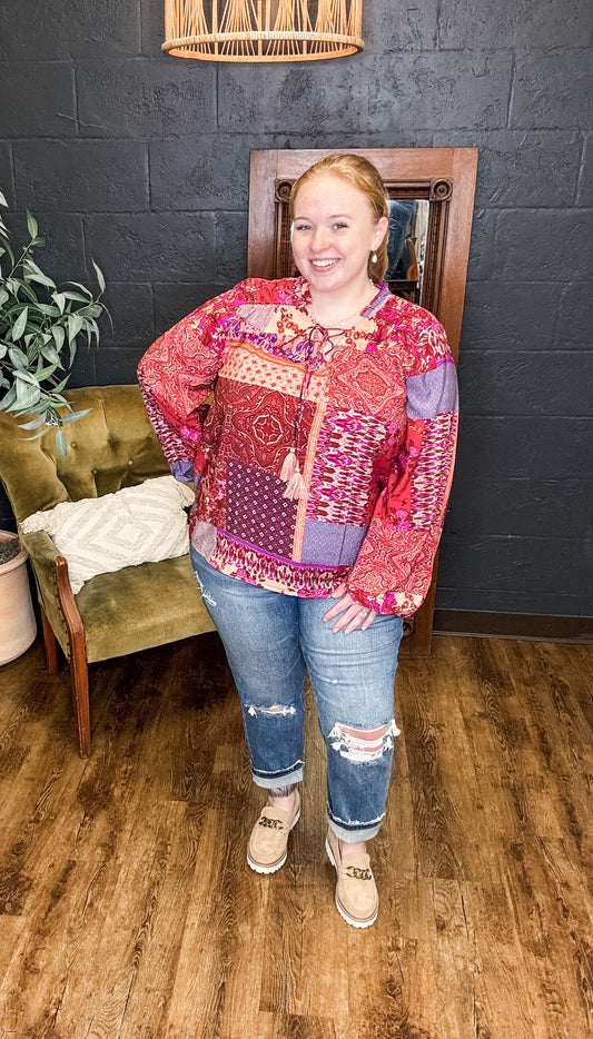 Dream Catcher Plus Size Boho Print Long Sleeve Top (1XL to 3XL)