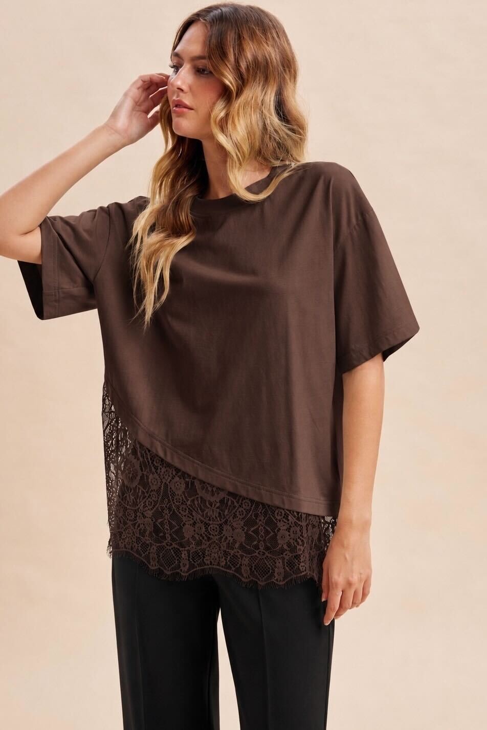 FLORAL LACE TRIMMED ASYMMETRICAL TOP