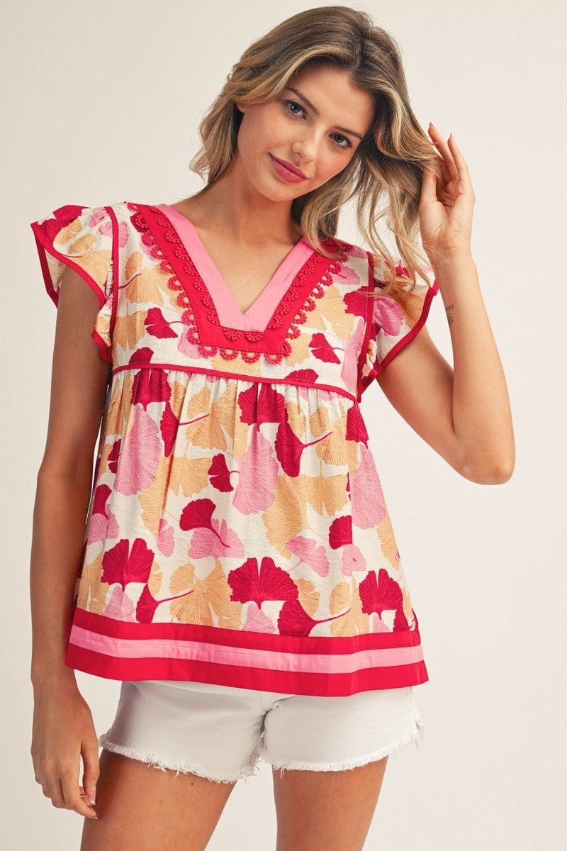 Flutter Sleeves Ginkgo Print Babydoll Top