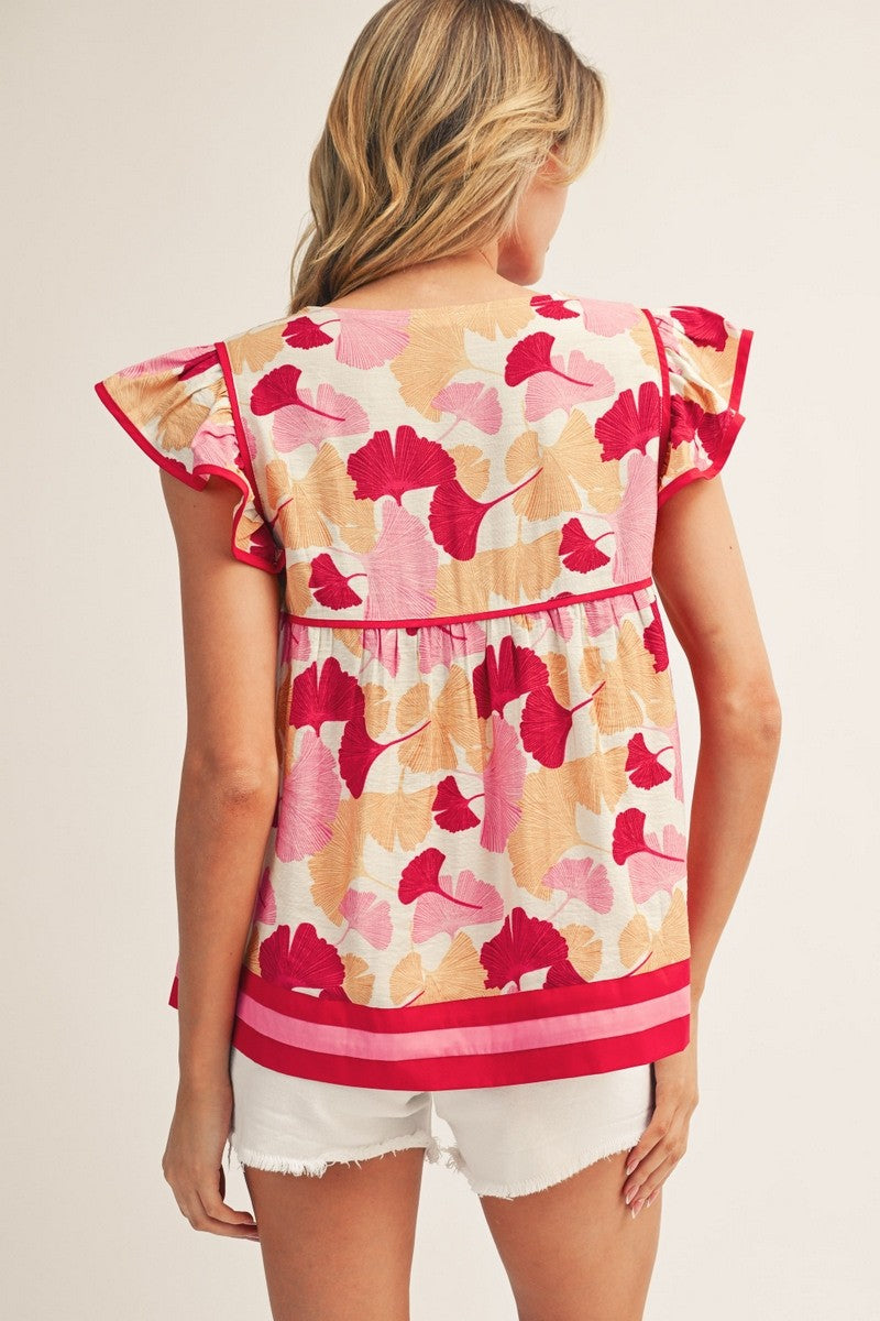Flutter Sleeves Ginkgo Print Babydoll Top