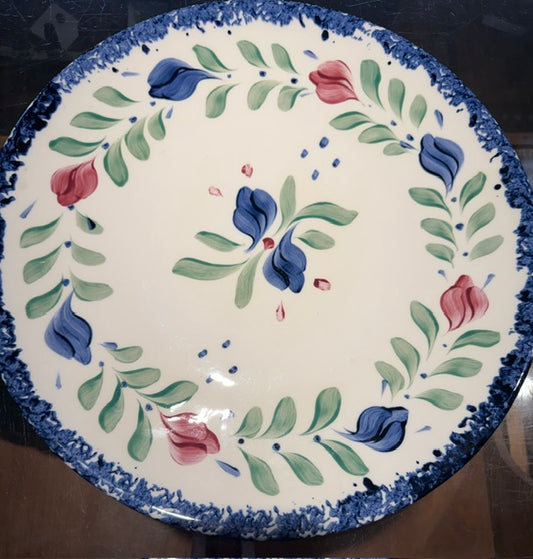 Gail Pittman Whiteware Pattern With Florals & Blue Sponge Large Platter