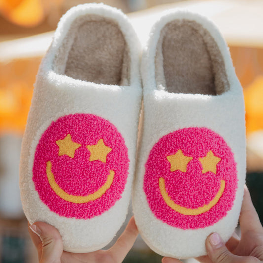 Katydid Hot Pink Star Eyed Happy Face Fuzzy Slippers