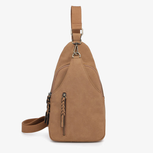 Nikki Faux Suede Sling Bag in Taupe