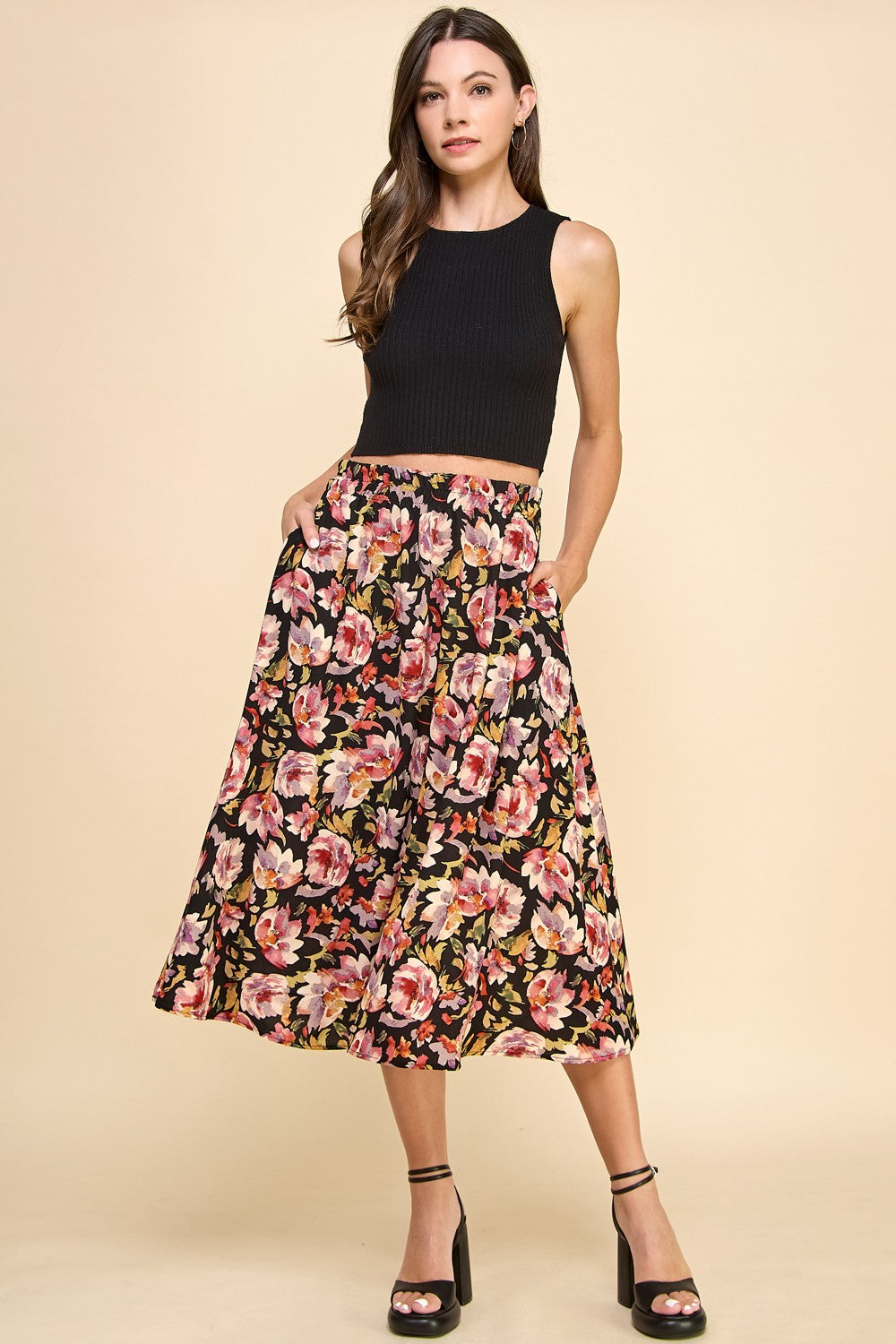 Wendi Watercolor Floral Skirt in Black (Small to Large)