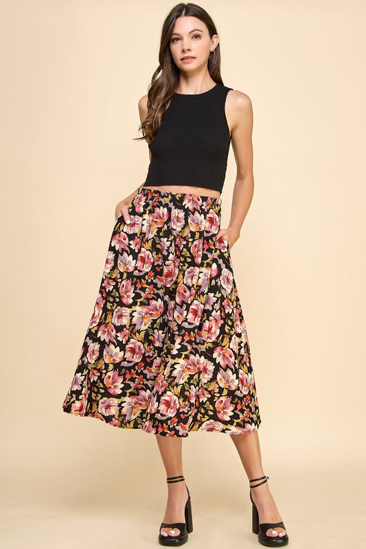 Wendi Watercolor Floral Skirt in Black (Small to Large)