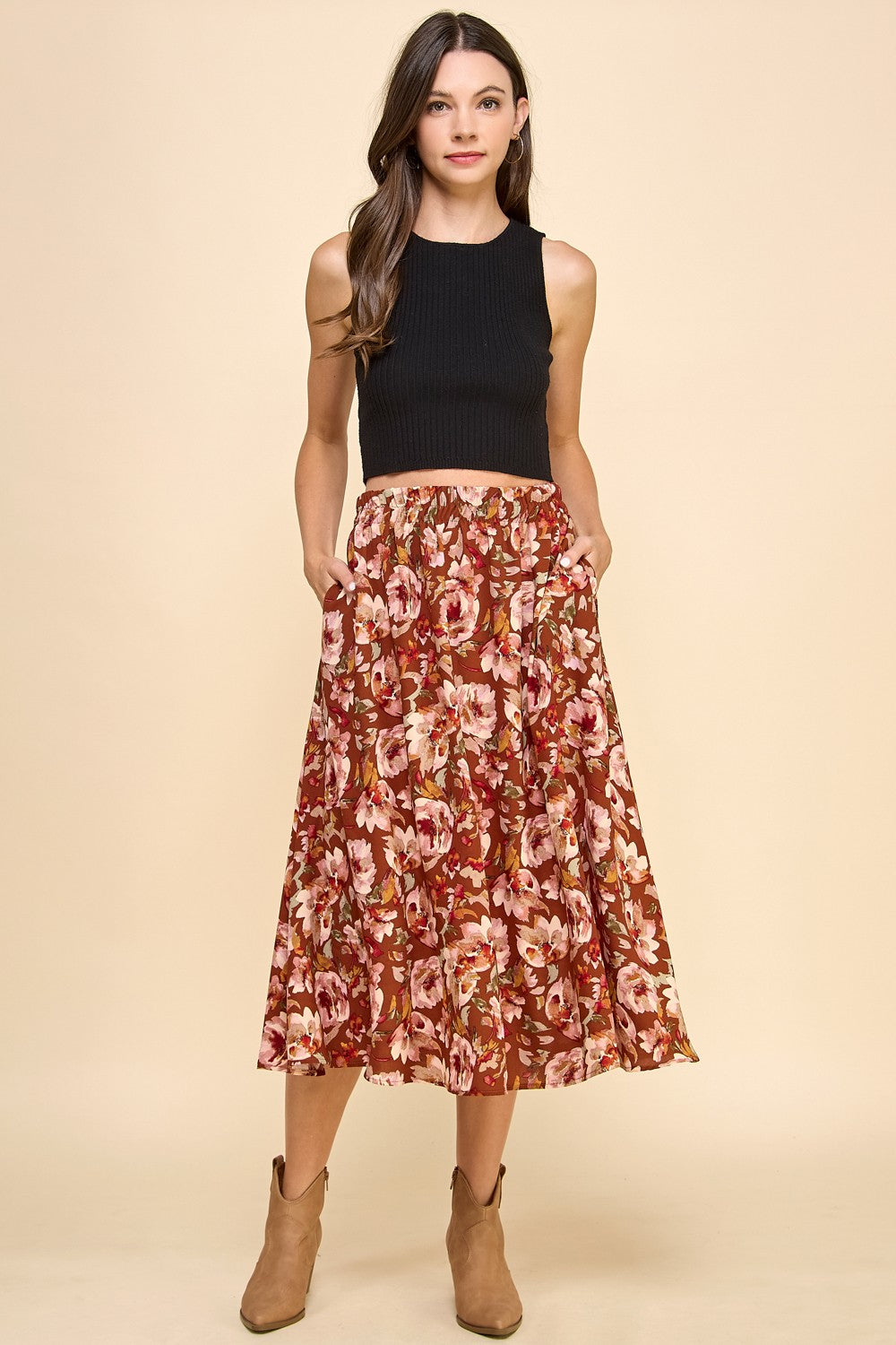 Wendi Watercolor Floral Skirt in Rust (Small to Large)