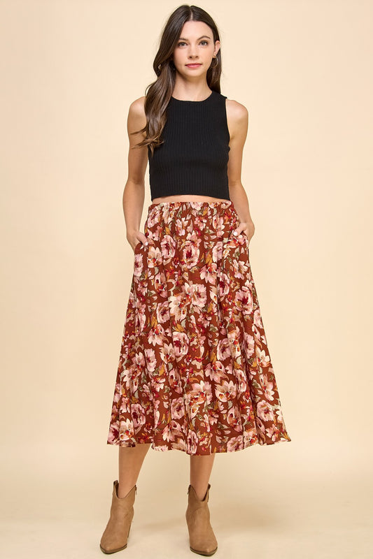 Wendi Watercolor Floral Skirt in Rust (Small to Large)