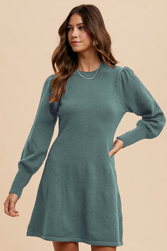 Wonderfully Worthy Long Puff Sleeve Sweater Mini Dress in Spruce (Small to XL)
