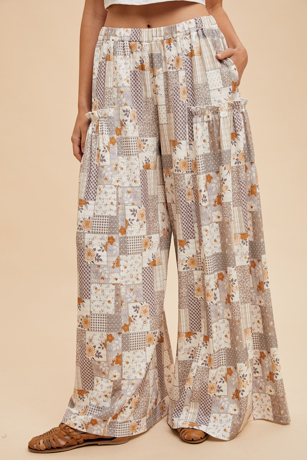 Put Together Patchwork Print Textured Knit Wide Leg Pants (Small to XL)