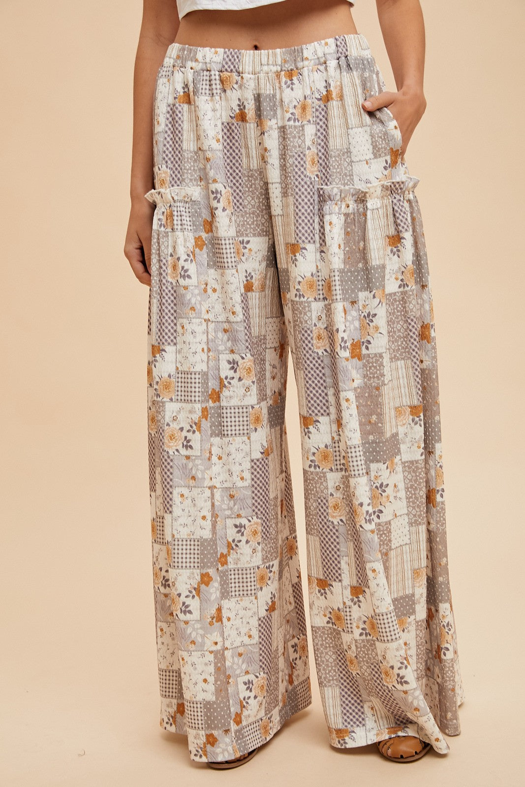 Put Together Patchwork Print Textured Knit Wide Leg Pants (Small to XL)