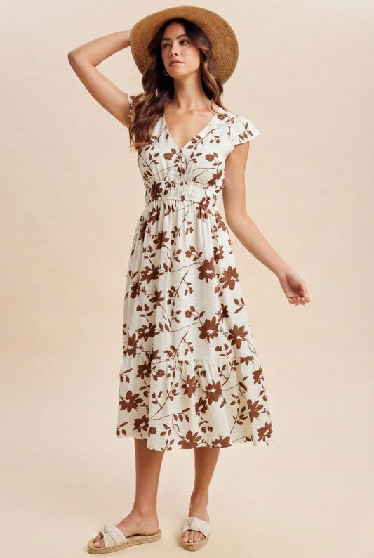 Fall Florals V Neck Button Down Midi Dress (Small to XL)