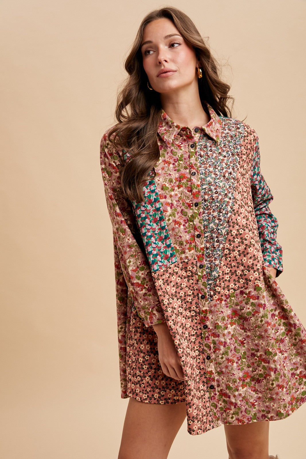 Caroline Corduroy Floral Patchwork Panel Mini Shirt Dress (Small to XL)
