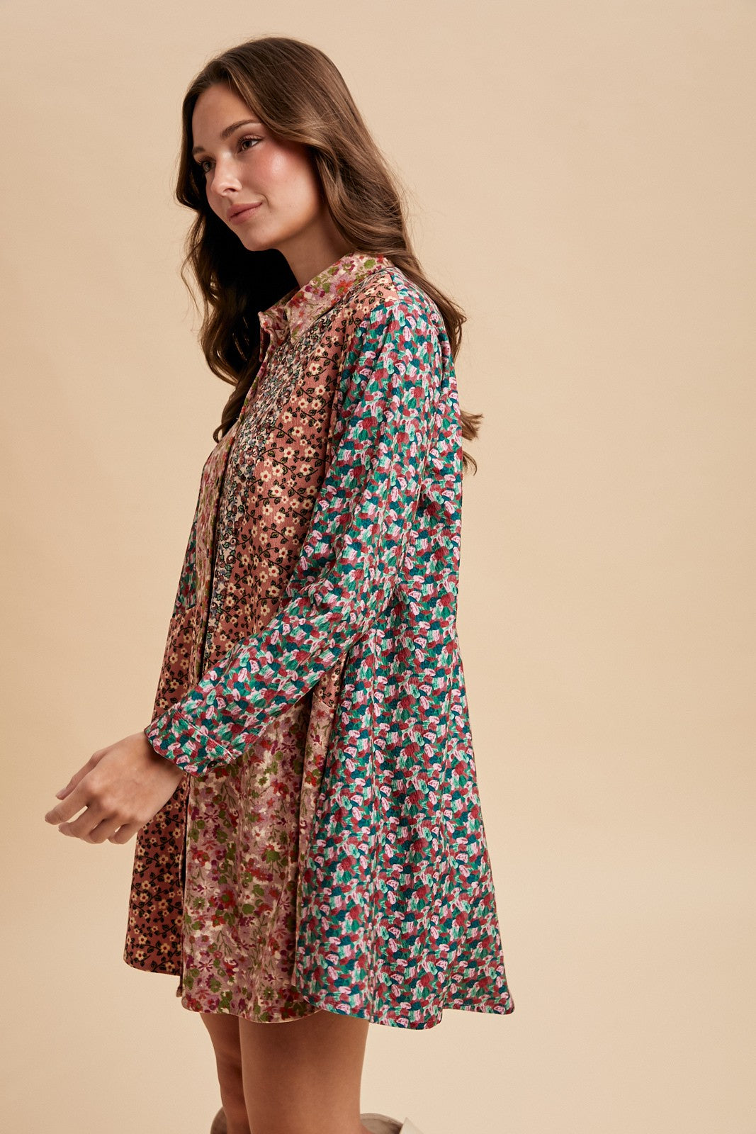 Caroline Corduroy Floral Patchwork Panel Mini Shirt Dress (Small to XL)